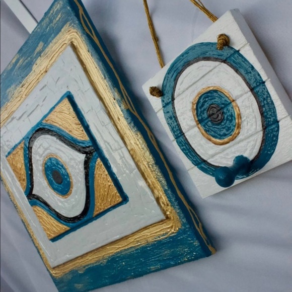 Deep Blue & Metallic Gold Evil Eye Painting on Wood Block with Knob & Gold Rope - Picture 7 of 7